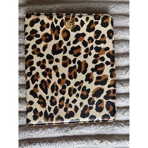 Tory Burch Leopard Print iPad Case Saffiano Leather Tech Accessory Tan Brown